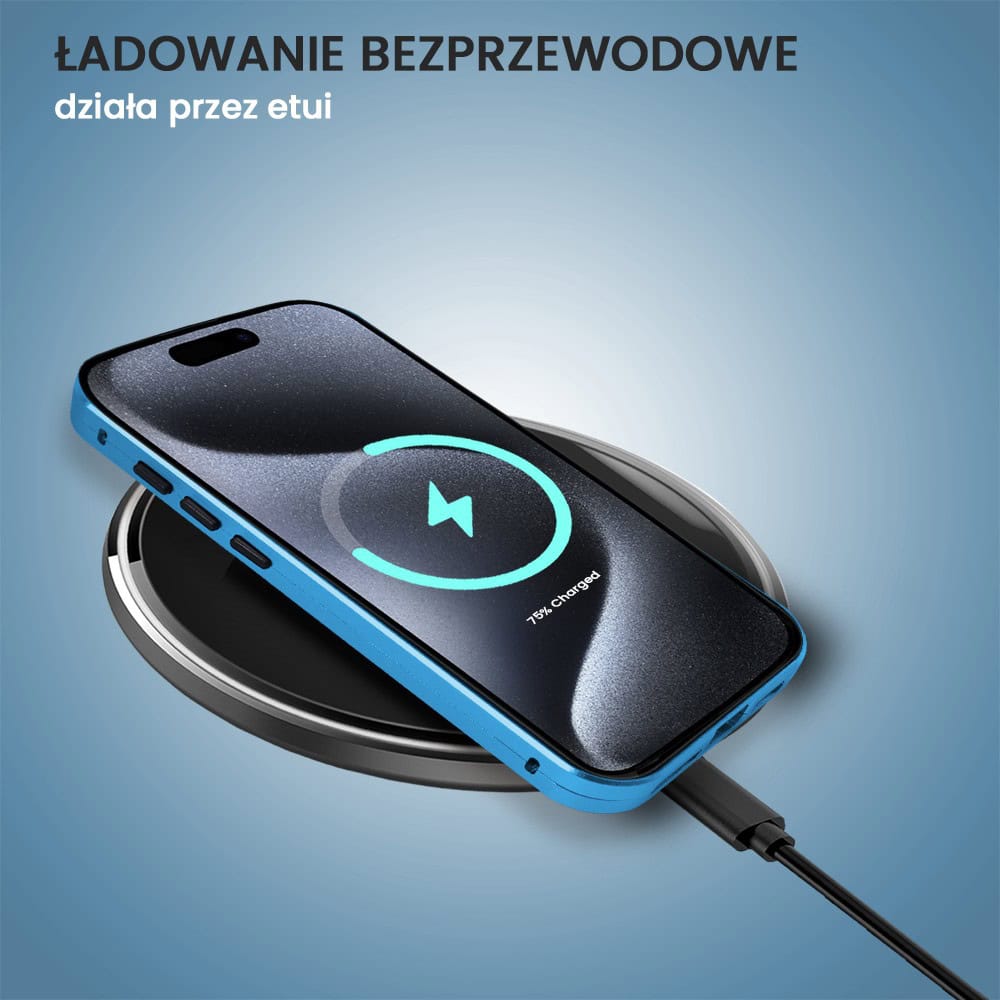 Obudowa do iPhone 15 Pro Max, podwójna szyba i aluminium 360° przód + tył magnetyczna, z osłoną aparatu, niebieska