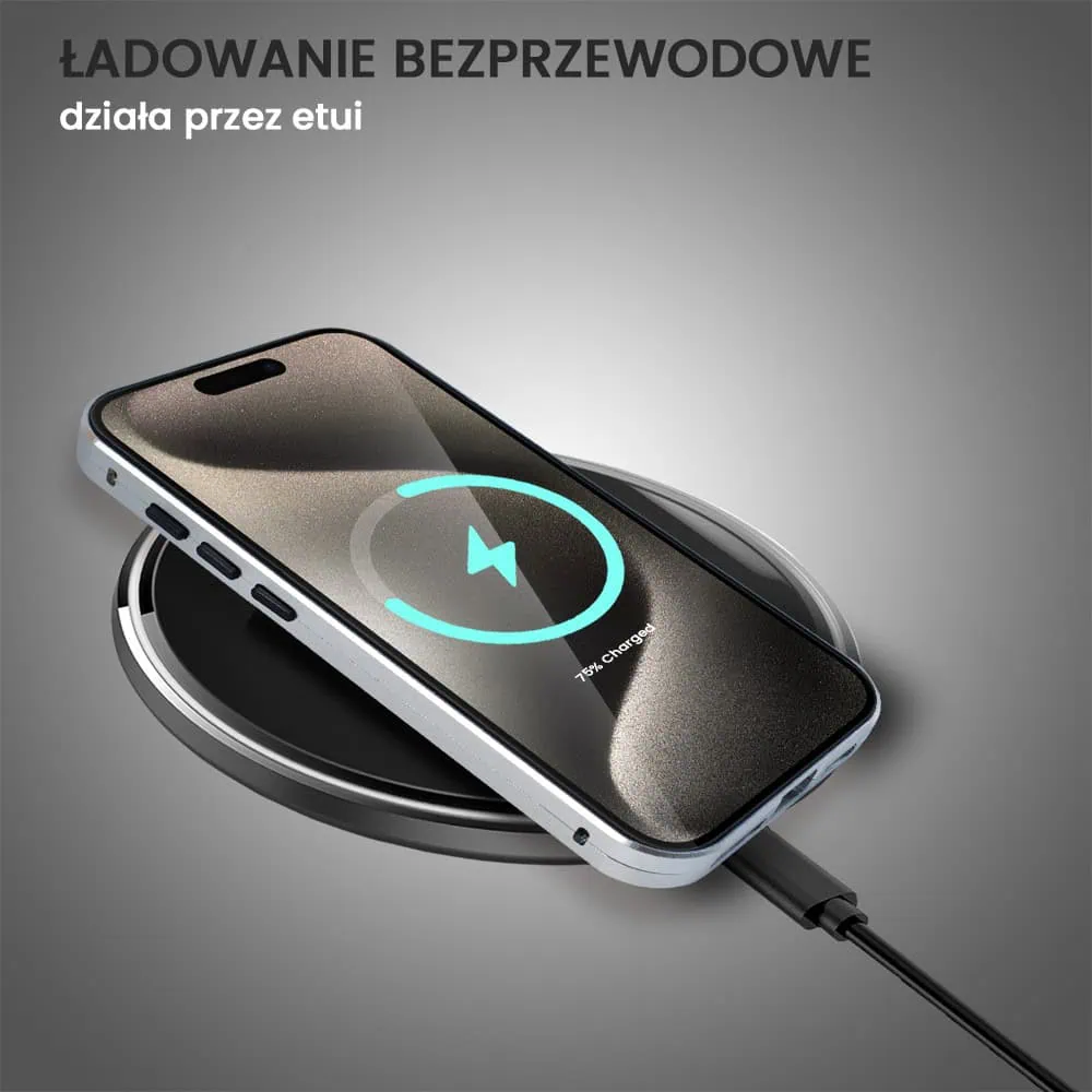 Obudowa do iPhone 15 Pro podwójna szyba i aluminium 360° przód + tył magnetyczna, z osłoną aparatu, srebrna