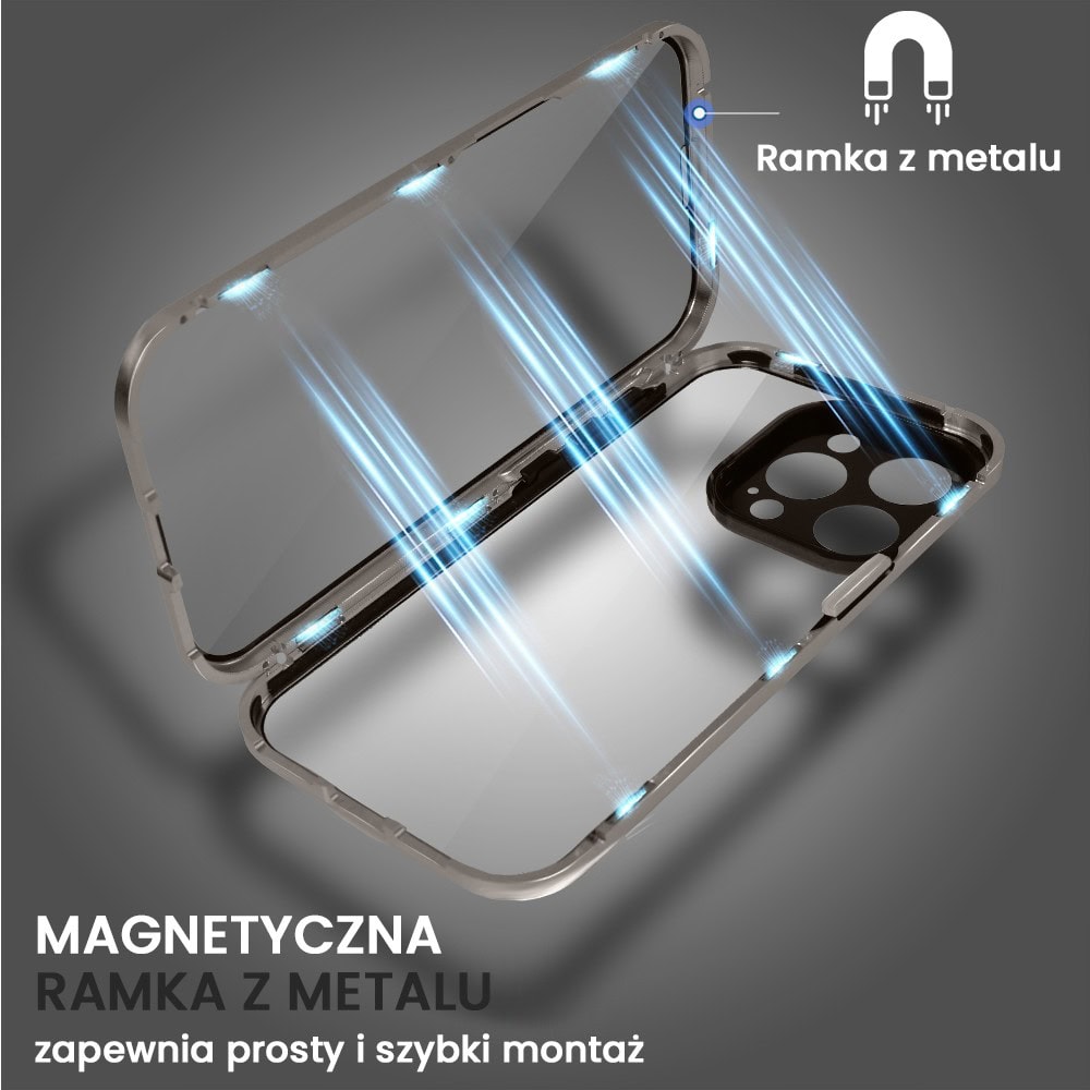 Obudowa do iPhone 15 Pro Max podwójna szyba i aluminium 360° przód + tył magnetyczna, z srebrnym pierścieniem na osłonie aparatu, tytanowa