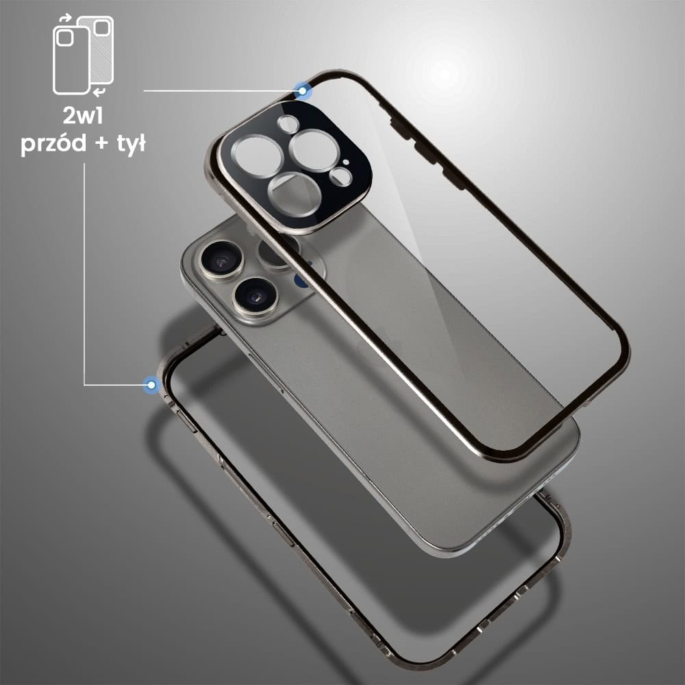 Obudowa do iPhone 15 Pro Max podwójna szyba i aluminium 360° przód + tył magnetyczna, z srebrnym pierścieniem na osłonie aparatu, tytanowa