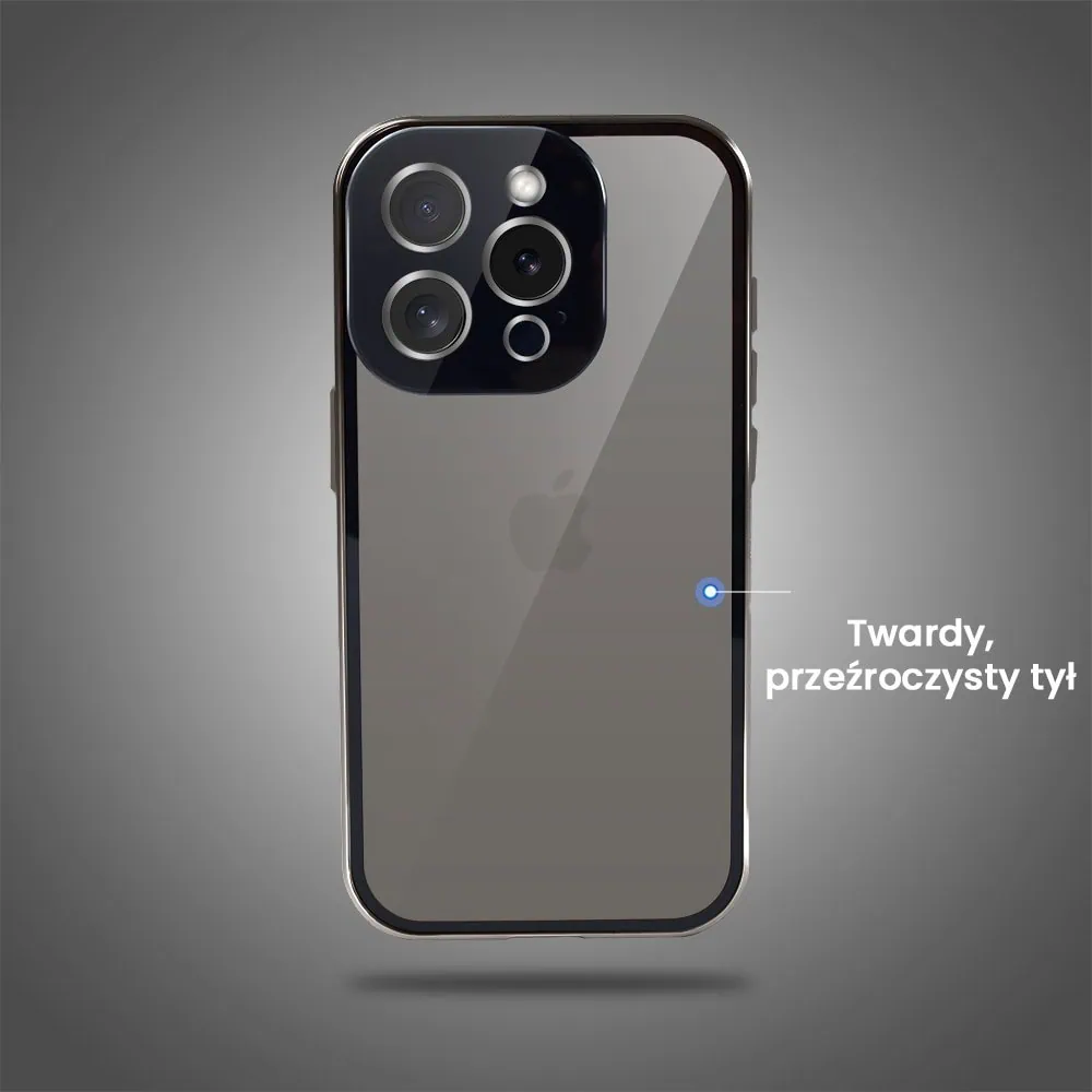 Obudowa do iPhone 15 Pro Max podwójna szyba i aluminium 360° przód + tył magnetyczna, z srebrnym pierścieniem na osłonie aparatu, tytanowa