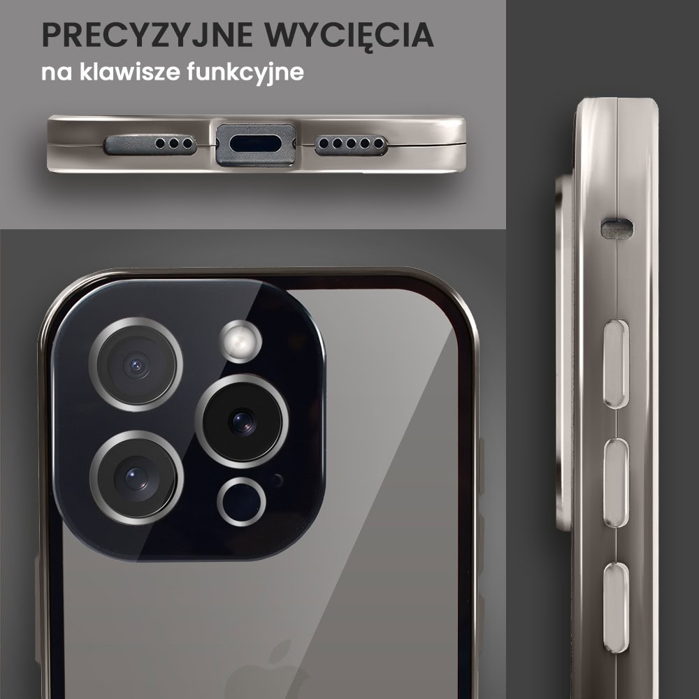 Obudowa do iPhone 15 Pro Max podwójna szyba i aluminium 360° przód + tył magnetyczna, z srebrnym pierścieniem na osłonie aparatu, tytanowa