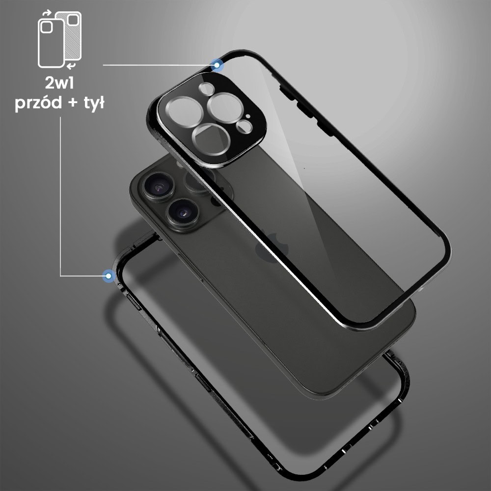 Obudowa do iPhone 15 Pro podwójna szyba i aluminium 360° przód + tył magnetyczna, z srebrnym pierścieniem na osłonie aparatu, czarna
