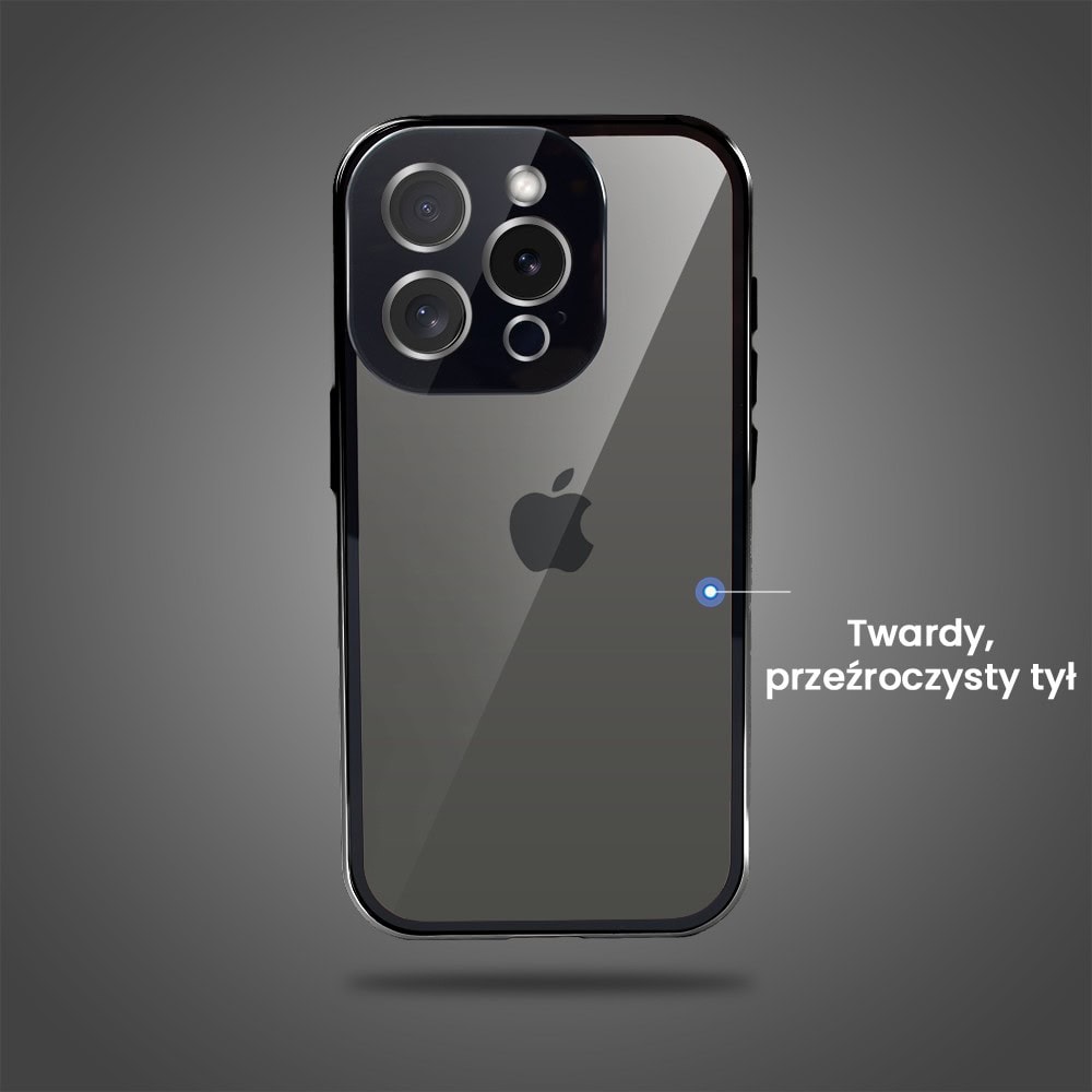 Obudowa do iPhone 15 Pro podwójna szyba i aluminium 360° przód + tył magnetyczna, z srebrnym pierścieniem na osłonie aparatu, czarna