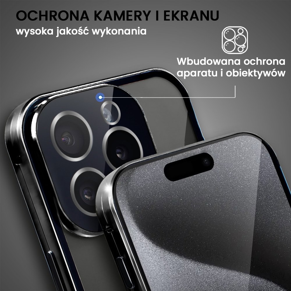 Obudowa do iPhone 15 Pro podwójna szyba i aluminium 360° przód + tył magnetyczna, z srebrnym pierścieniem na osłonie aparatu, czarna