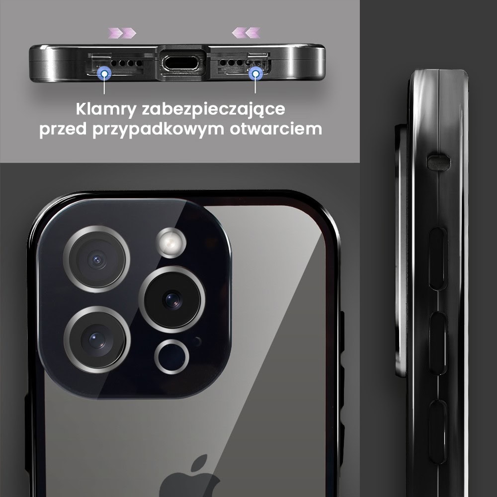 Obudowa do iPhone 15 Pro podwójna szyba i aluminium 360° przód + tył magnetyczna, z srebrnym pierścieniem na osłonie aparatu, czarna