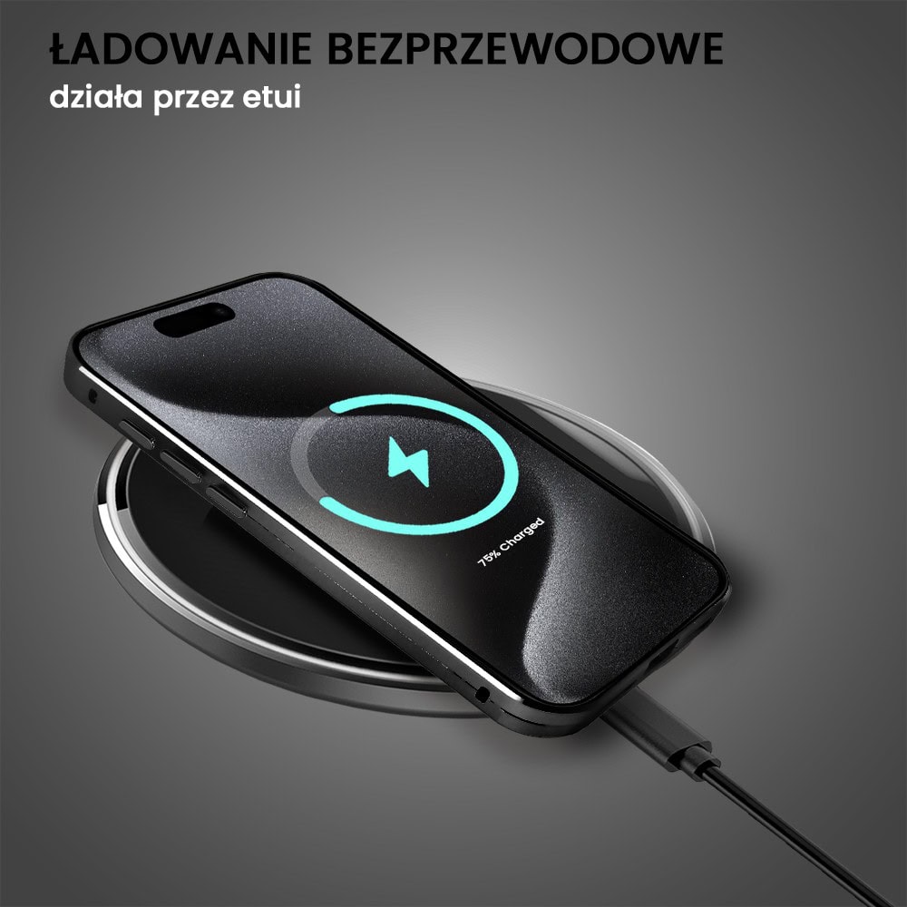 Obudowa do iPhone 15 Pro podwójna szyba i aluminium 360° przód + tył magnetyczna, z srebrnym pierścieniem na osłonie aparatu, czarna