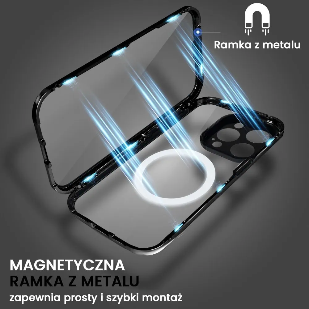 Obudowa do iPhone 15 Pro podwójna szyba i aluminium 360° przód + tył magnetyczna, z Magsafe i osłoną aparatu, czarna