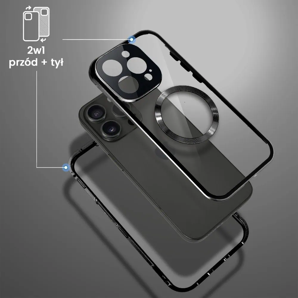 Obudowa do iPhone 15 Pro podwójna szyba i aluminium 360° przód + tył magnetyczna, z Magsafe i osłoną aparatu, czarna
