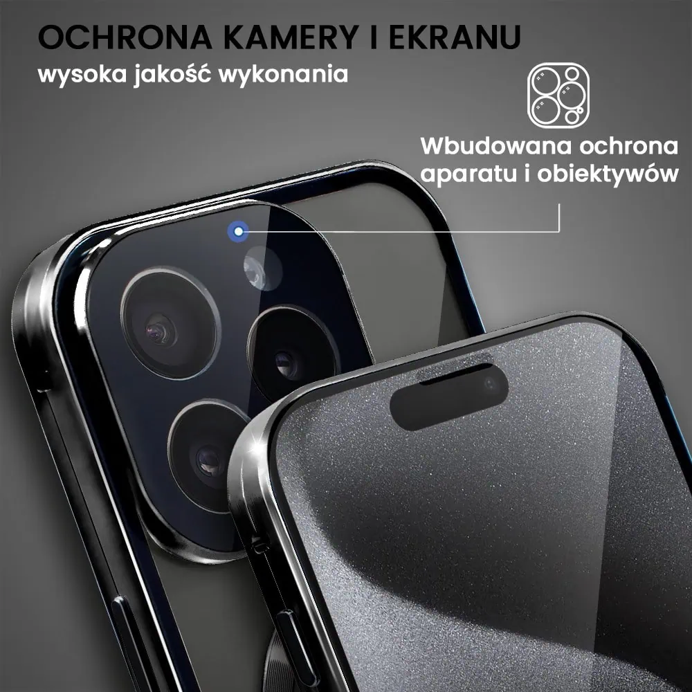 Obudowa do iPhone 15 Pro podwójna szyba i aluminium 360° przód + tył magnetyczna, z Magsafe i osłoną aparatu, czarna