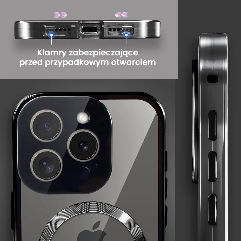 Obudowa do iPhone 15 Pro podwójna szyba i aluminium 360° przód + tył magnetyczna, z Magsafe i osłoną aparatu, czarna