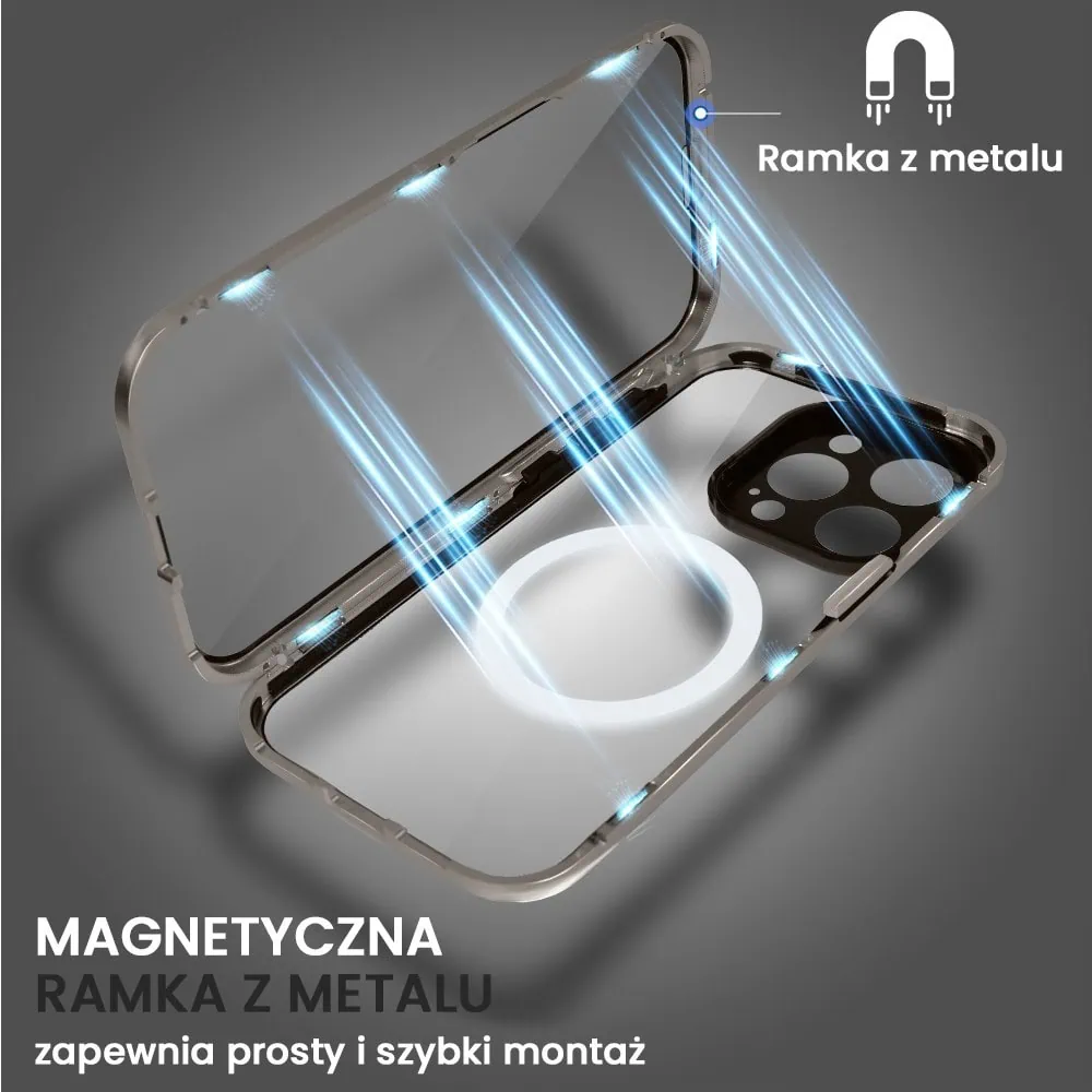 Obudowa do iPhone 15 Pro Max podwójna szyba i aluminium 360° przód + tył magnetyczna, z Magsafe i osłoną aparatu, tytanowa