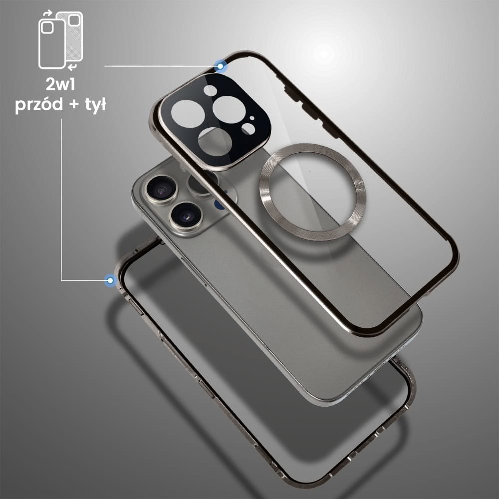 Obudowa do iPhone 15 Pro Max podwójna szyba i aluminium 360° przód + tył magnetyczna, z Magsafe i osłoną aparatu, tytanowa