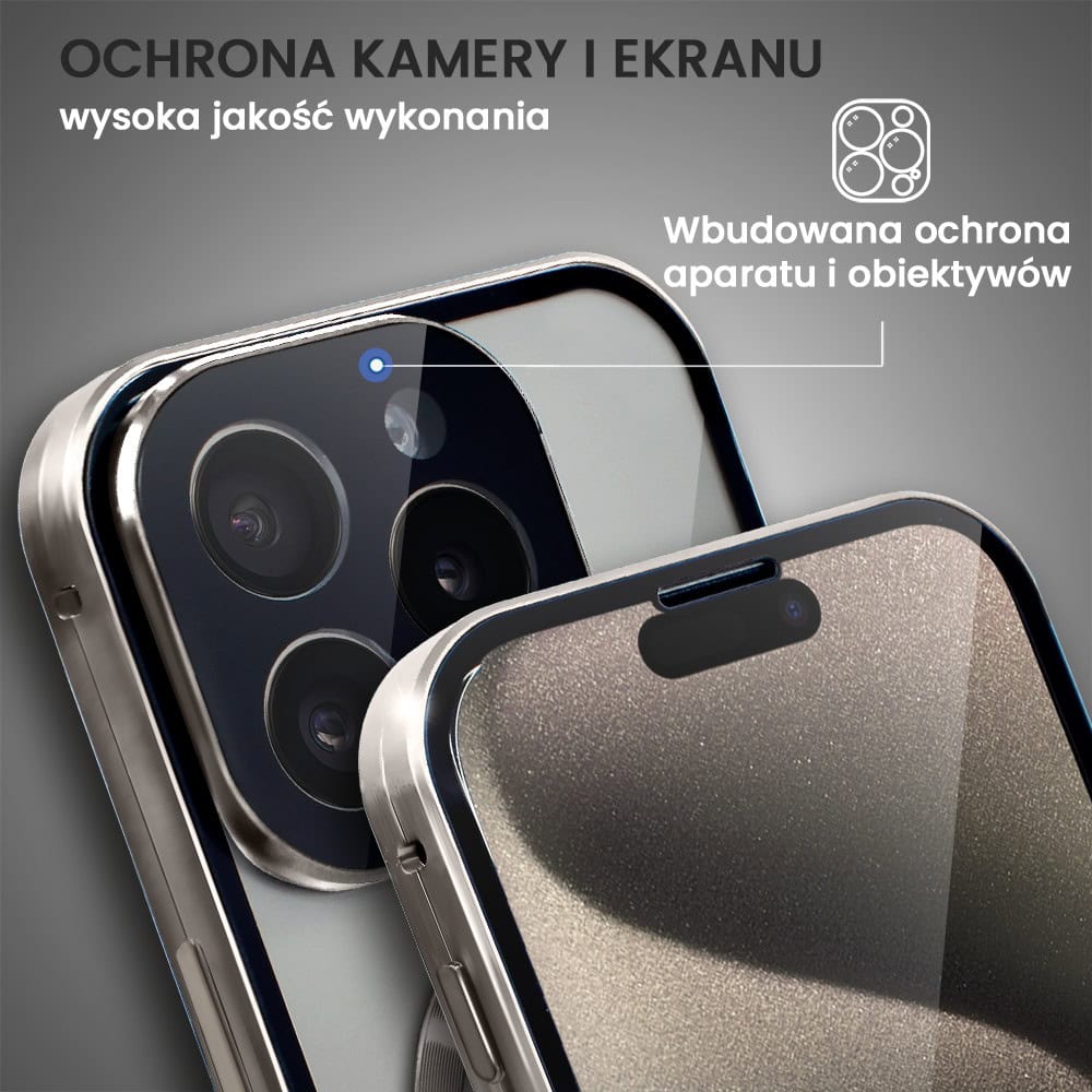Obudowa do iPhone 15 Pro Max podwójna szyba i aluminium 360° przód + tył magnetyczna, z Magsafe i osłoną aparatu, tytanowa
