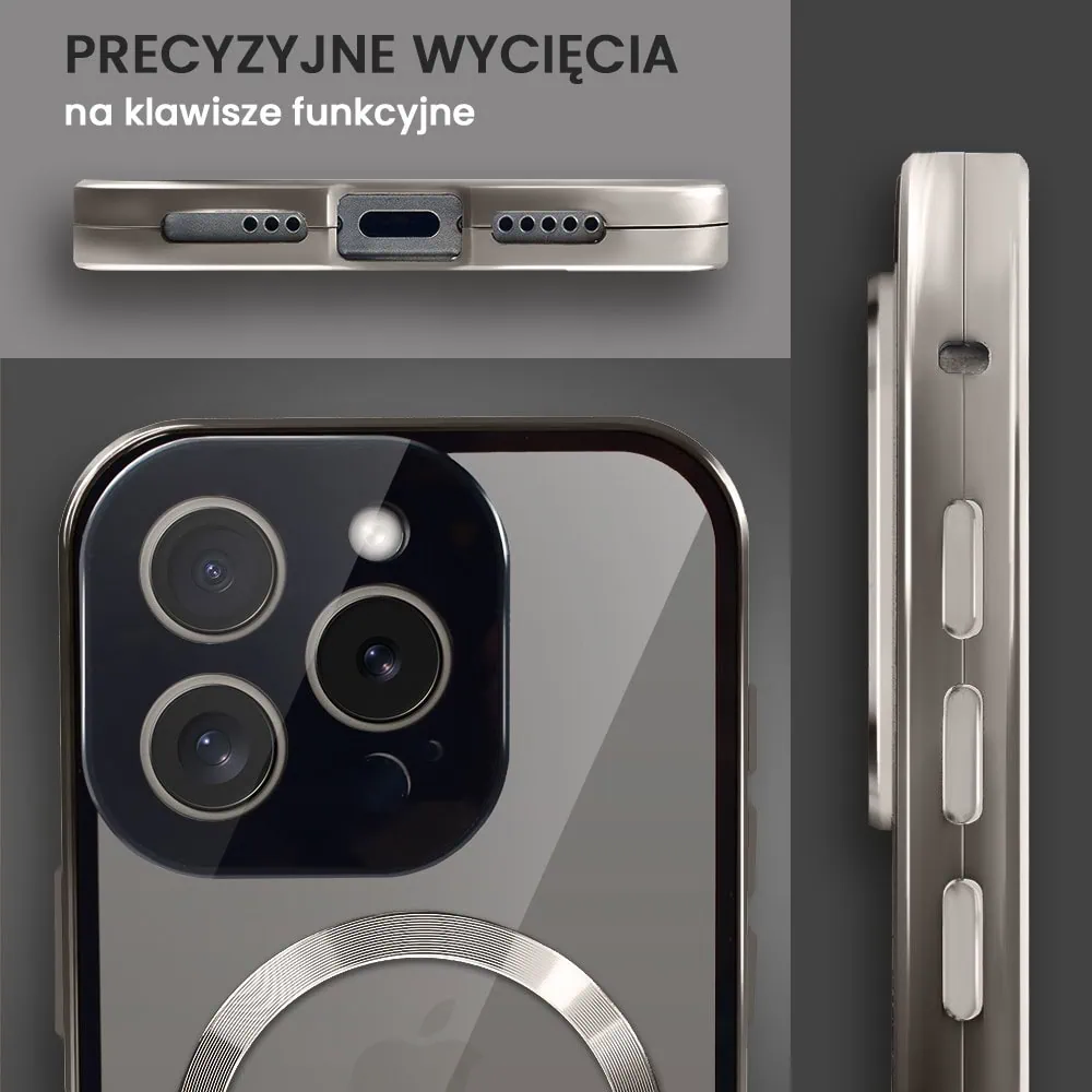Obudowa do iPhone 15 Pro Max podwójna szyba i aluminium 360° przód + tył magnetyczna, z Magsafe i osłoną aparatu, tytanowa