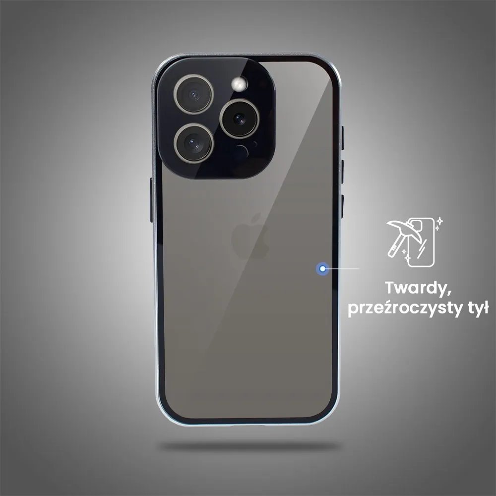 Obudowa do iPhone 15 Pro podwójna szyba i aluminium 360° przód + tył magnetyczna, z osłoną aparatu, srebrna