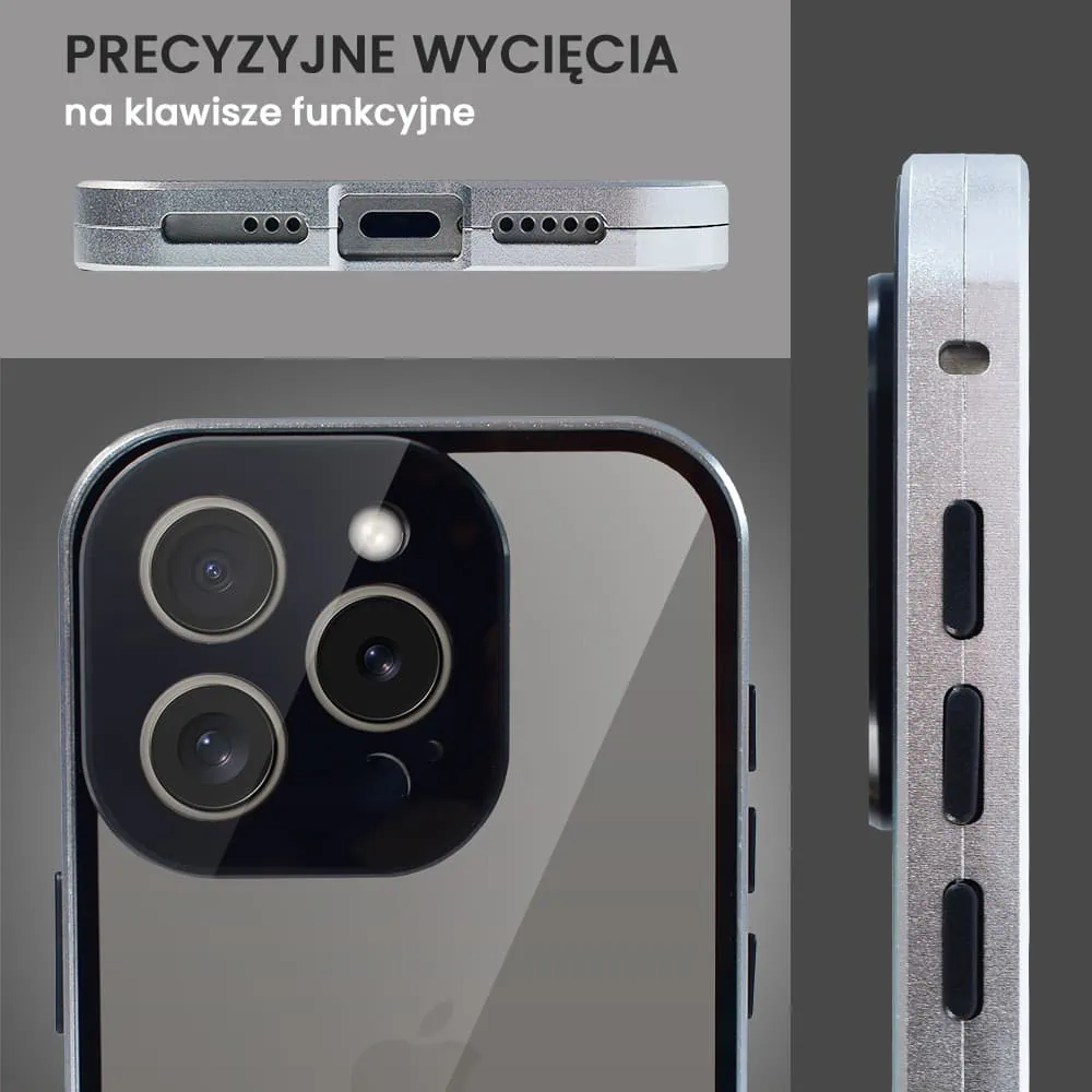 Obudowa do iPhone 15 Pro podwójna szyba i aluminium 360° przód + tył magnetyczna, z osłoną aparatu, srebrna