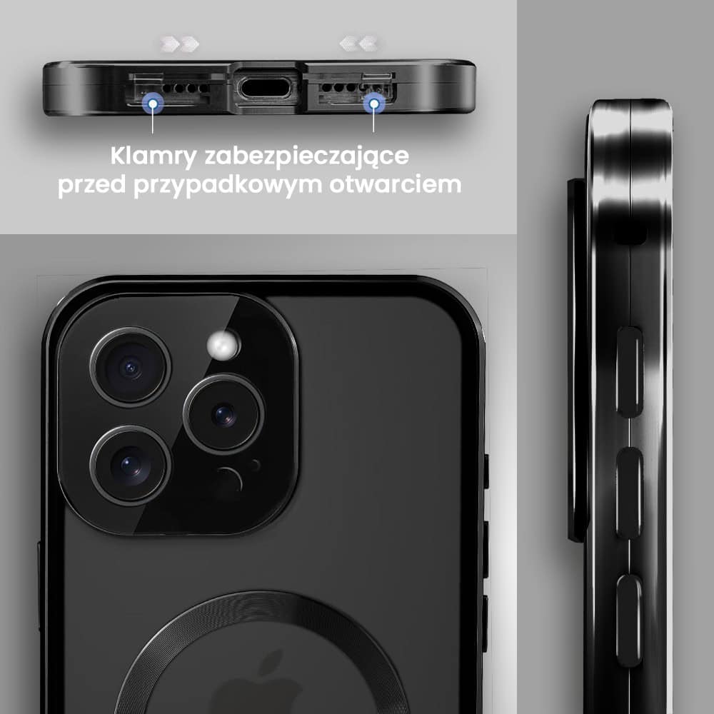 Obudowa do iPhone 15 Pro podwójna szyba i aluminium 360° przód + tył magnetyczna, matowy tył, z MagSafe i osłoną aparatu, czarna