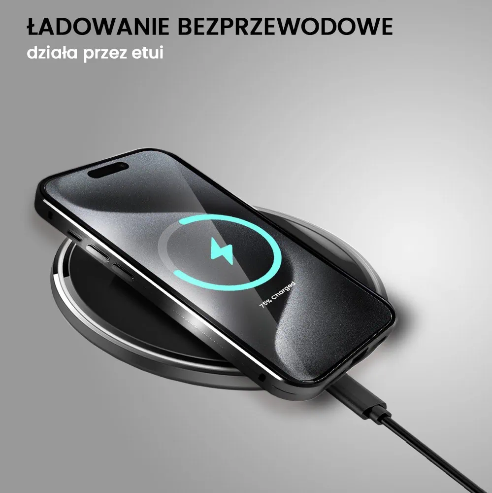 Obudowa do iPhone 15 Pro podwójna szyba i aluminium 360° przód + tył magnetyczna, matowy tył, z MagSafe i osłoną aparatu, czarna