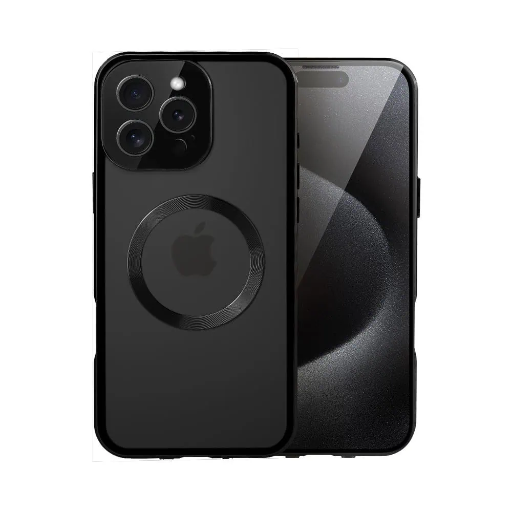 Obudowa do iPhone 15 Pro podwójna szyba i aluminium 360° przód + tył magnetyczna, matowy tył, z MagSafe i osłoną aparatu, czarna