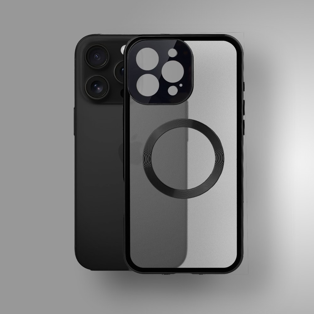 Obudowa do iPhone 15 Pro podwójna szyba i aluminium 360° przód + tył magnetyczna, matowy tył, z MagSafe i osłoną aparatu, czarna