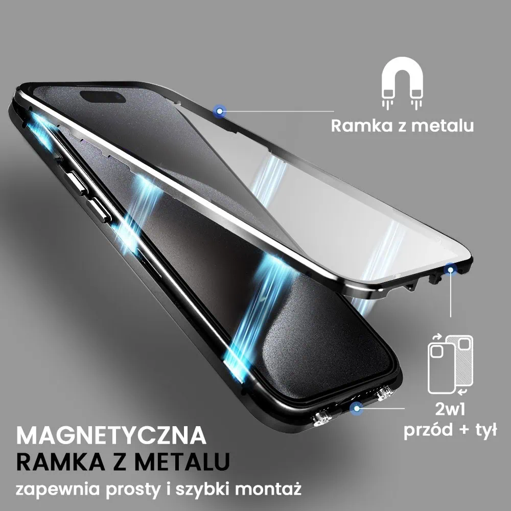 Obudowa do iPhone 15 Pro podwójna szyba i aluminium 360° przód + tył magnetyczna, matowy tył, z MagSafe i osłoną aparatu, czarna