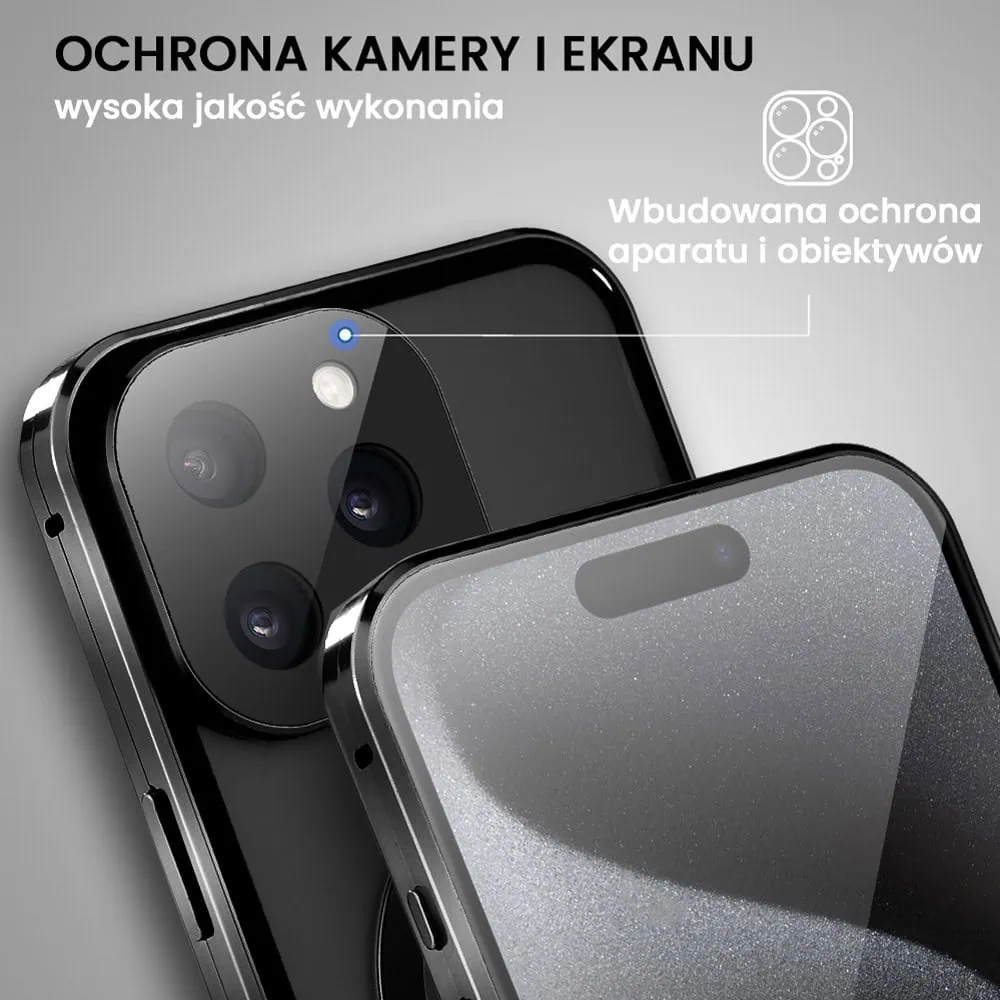 Obudowa do iPhone 15 Pro podwójna szyba i aluminium 360° przód + tył magnetyczna, matowy tył, z MagSafe i osłoną aparatu, czarna