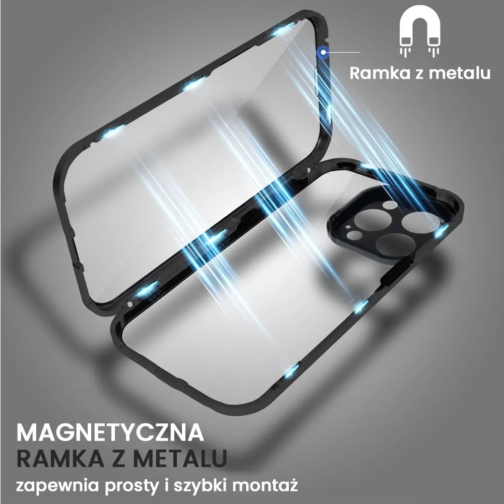 Obudowa do iPhone 15 Pro Max podwójna szyba i aluminium 360° przód + tył magnetyczna, z osłoną aparatu, czarna