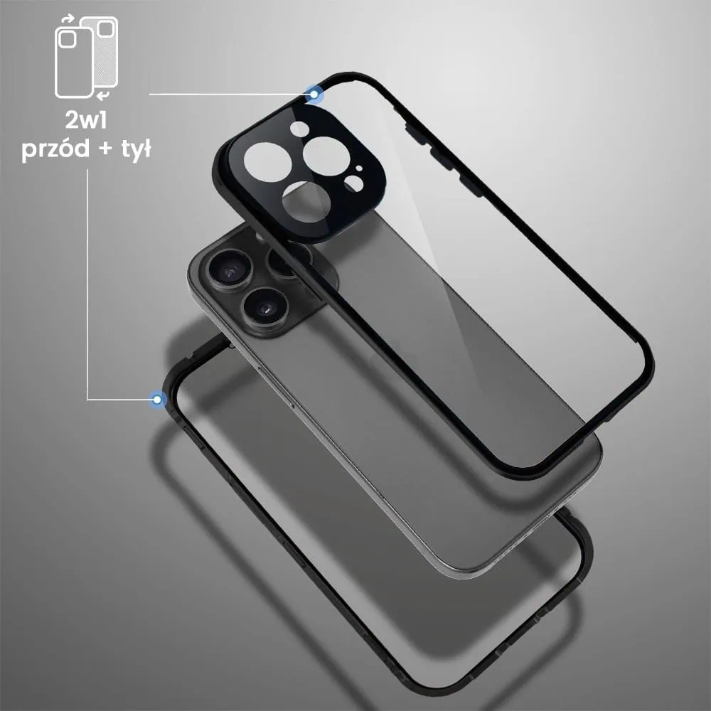 Obudowa do iPhone 15 Pro Max podwójna szyba i aluminium 360° przód + tył magnetyczna, z osłoną aparatu, czarna