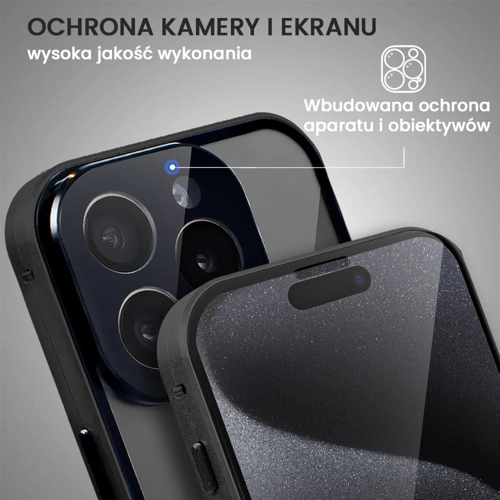 Obudowa do iPhone 15 Pro Max podwójna szyba i aluminium 360° przód + tył magnetyczna, z osłoną aparatu, czarna