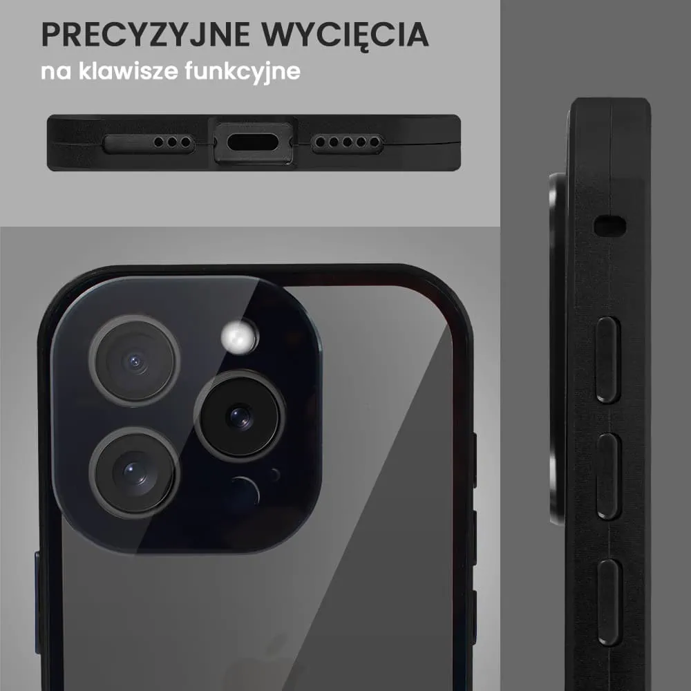 Obudowa do iPhone 15 Pro Max podwójna szyba i aluminium 360° przód + tył magnetyczna, z osłoną aparatu, czarna
