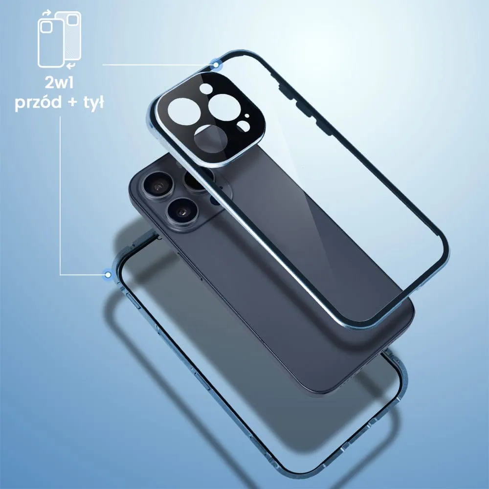 Obudowa do iPhone 15 Pro podwójna szyba i polerowane aluminium 360° magnetyczna, z osłoną aparatu, niebieska