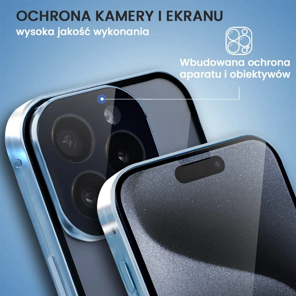 Obudowa do iPhone 15 Pro podwójna szyba i polerowane aluminium 360° magnetyczna, z osłoną aparatu, niebieska