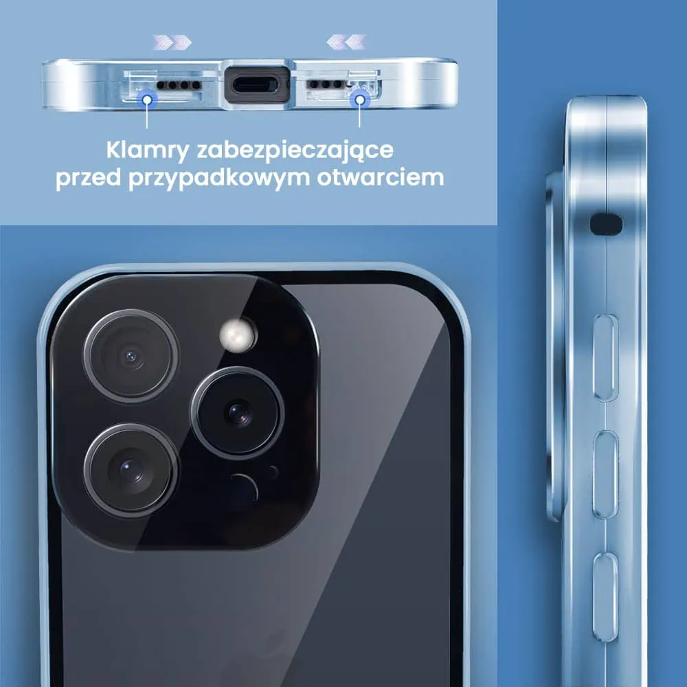 Obudowa do iPhone 15 Pro podwójna szyba i polerowane aluminium 360° magnetyczna, z osłoną aparatu, niebieska