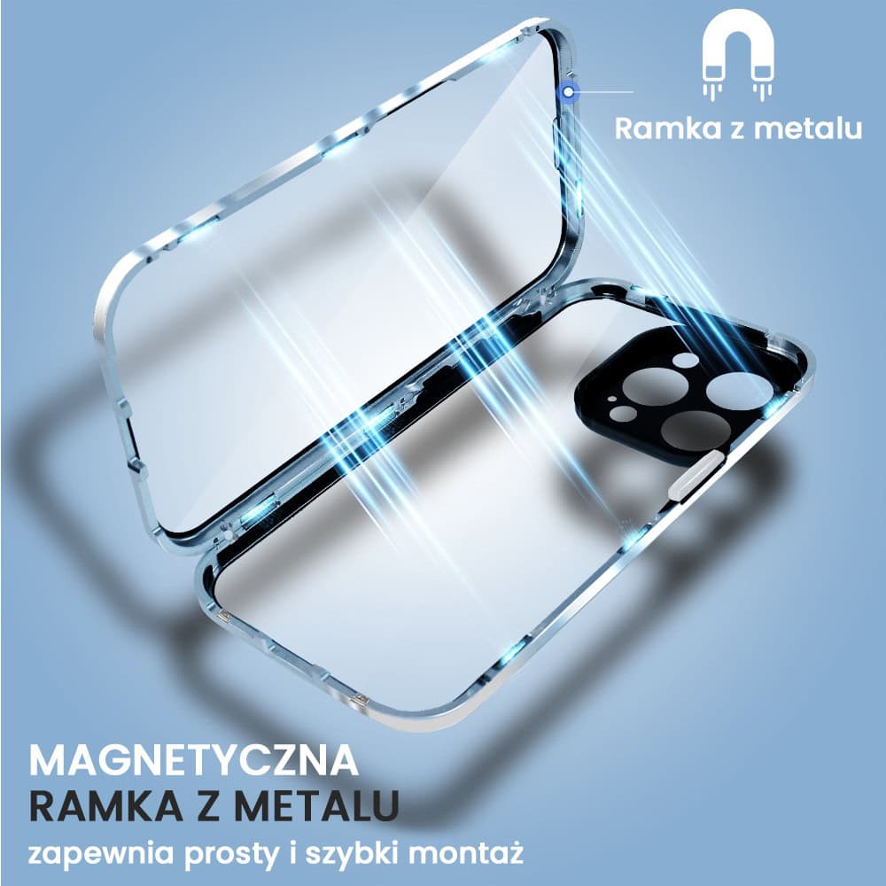 Obudowa do iPhone 15 Pro podwójna szyba i polerowane aluminium 360° magnetyczna, z osłoną aparatu, niebieska