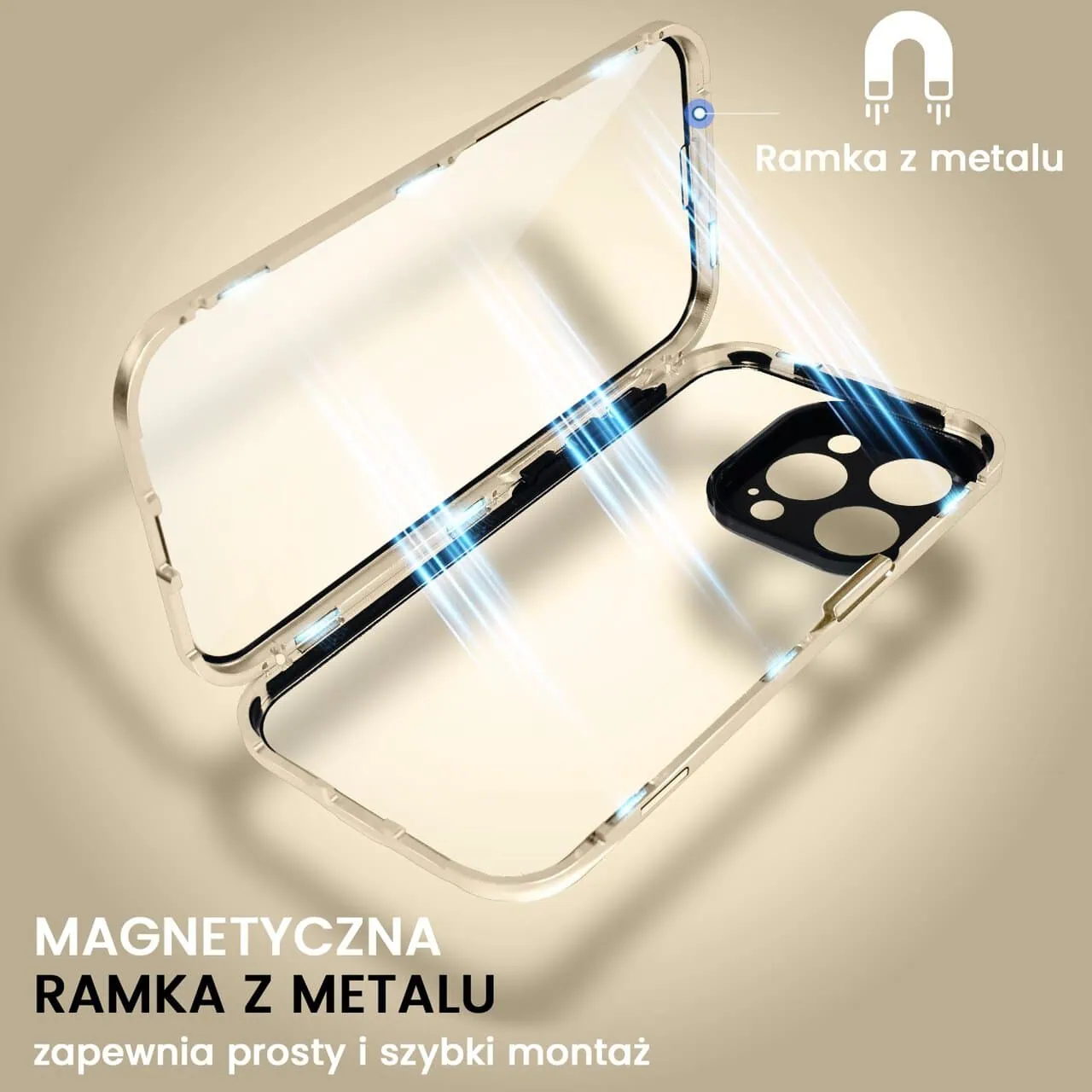 Obudowa do iPhone 15 Pro podwójna szyba i polerowane aluminium 360° magnetyczna, z osłoną aparatu, złota