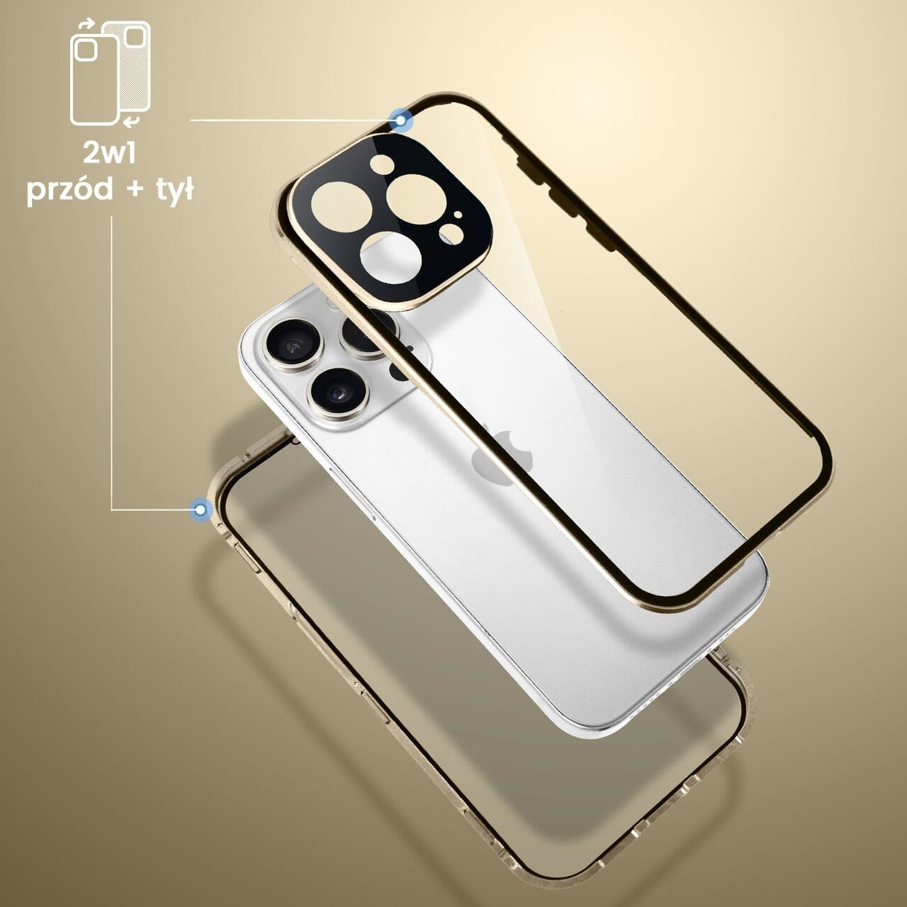 Obudowa do iPhone 15 Pro podwójna szyba i polerowane aluminium 360° magnetyczna, z osłoną aparatu, złota