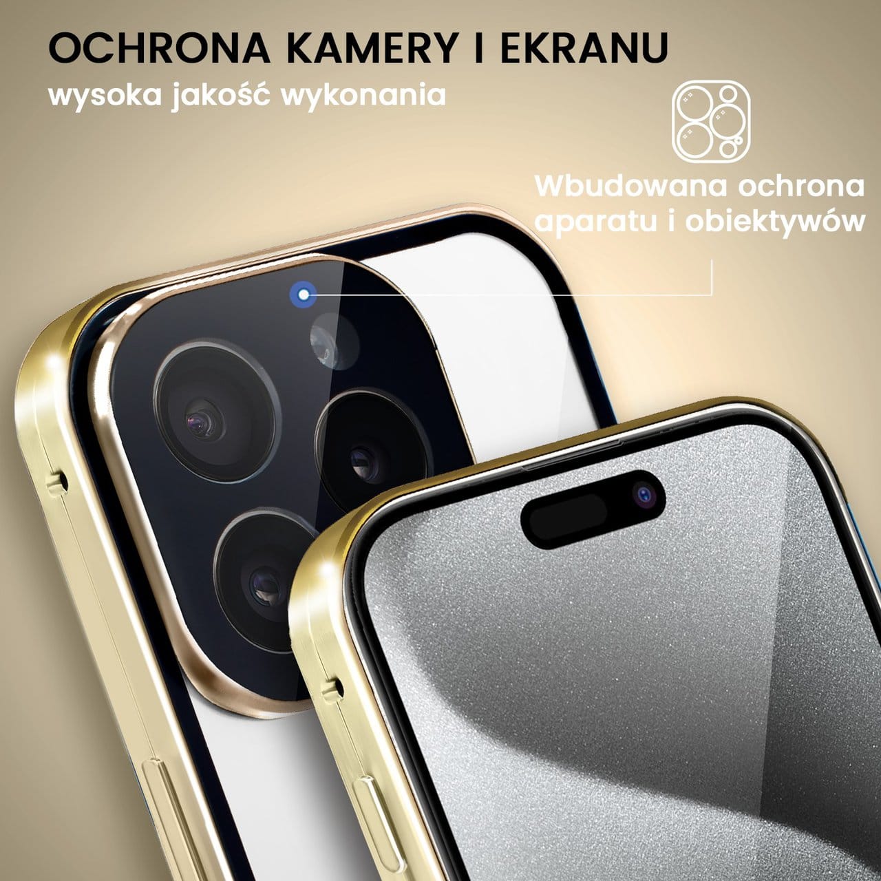 Obudowa do iPhone 15 Pro podwójna szyba i polerowane aluminium 360° magnetyczna, z osłoną aparatu, złota