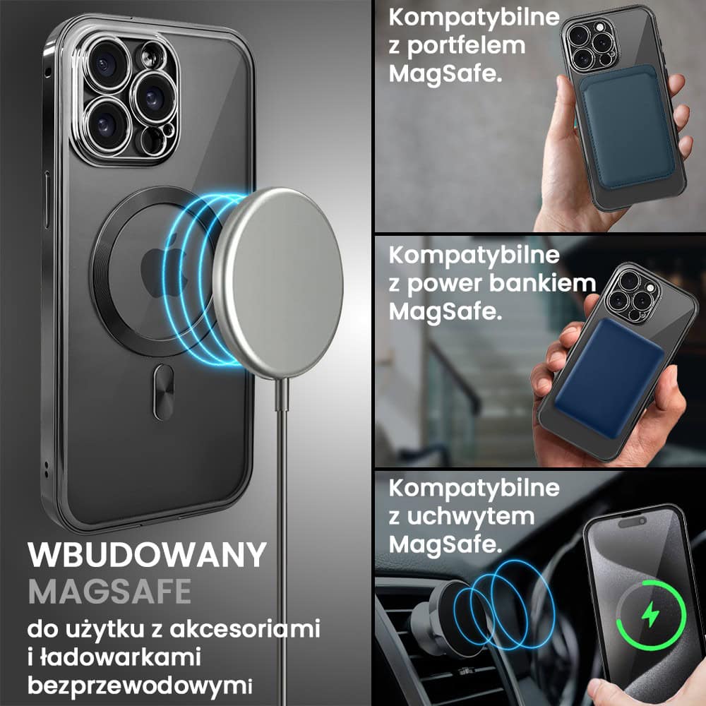 Obudowa do iPhone 15 Pro, podwójna szyba i polerowane aluminium 360° zamykany przód + tył z MagSafe, czarna