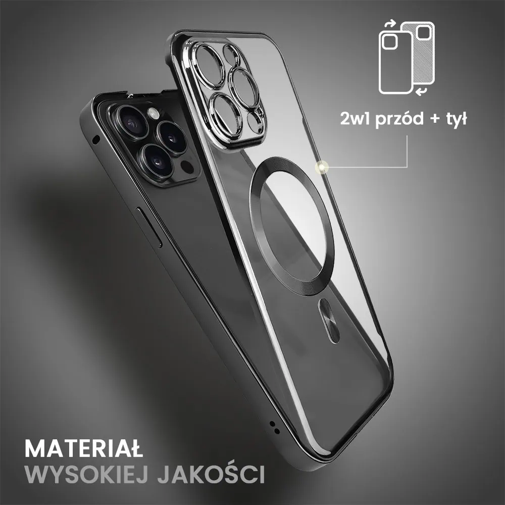 Obudowa do iPhone 15 Pro, podwójna szyba i polerowane aluminium 360° zamykany przód + tył z MagSafe, czarna