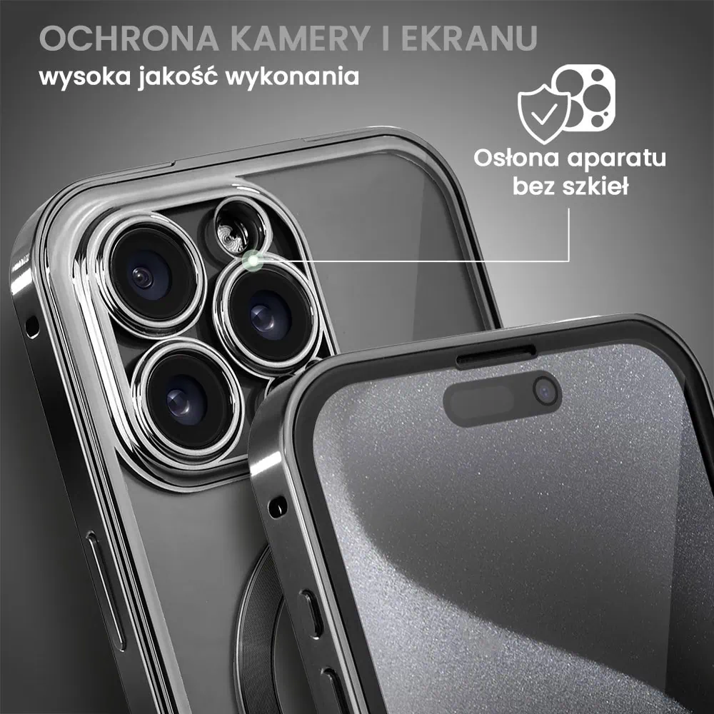 Obudowa do iPhone 15 Pro, podwójna szyba i polerowane aluminium 360° zamykany przód + tył z MagSafe, czarna