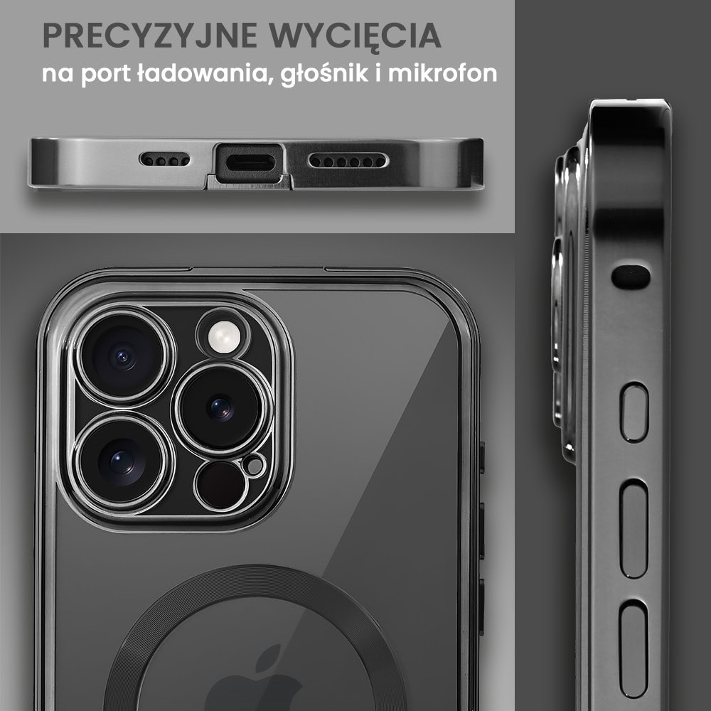 Obudowa do iPhone 15 Pro, podwójna szyba i polerowane aluminium 360° zamykany przód + tył z MagSafe, czarna