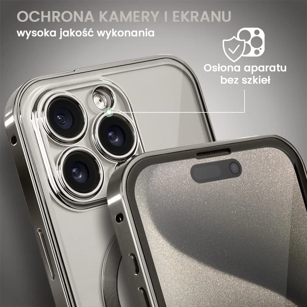 Obudowa do iPhone 15 Pro, podwójna szyba i polerowane aluminium 360° zamykany przód + tył z MagSafe, tytanowa