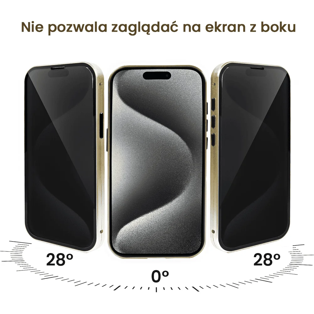 Obudowa do iPhone 15 Pro, podwójna szyba i aluminium 360° przód + tył magnetyczna, z osłoną aparatu i szkłem prywatyzującym, złota