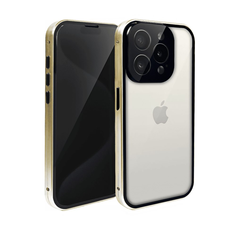 Obudowa do iPhone 15 Pro, podwójna szyba i aluminium 360° przód + tył magnetyczna, z osłoną aparatu i szkłem prywatyzującym, złota