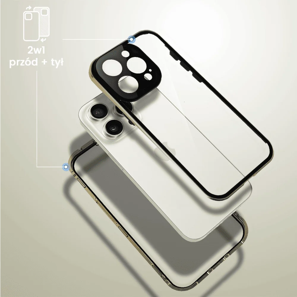 Obudowa do iPhone 15 Pro, podwójna szyba i aluminium 360° przód + tył magnetyczna, z osłoną aparatu i szkłem prywatyzującym, złota