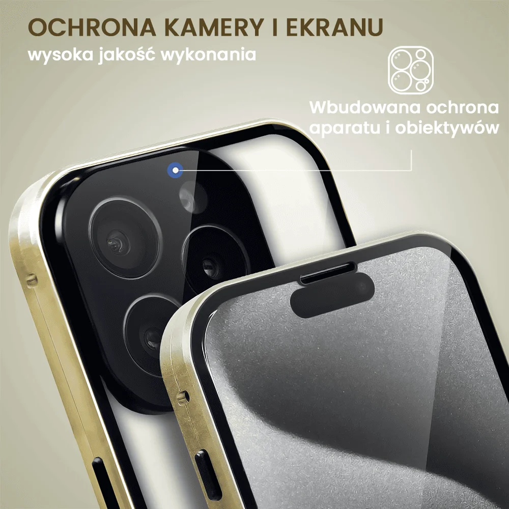 Obudowa do iPhone 15 Pro, podwójna szyba i aluminium 360° przód + tył magnetyczna, z osłoną aparatu i szkłem prywatyzującym, złota