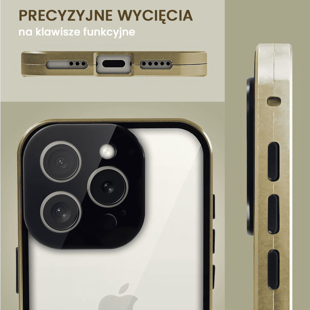 Obudowa do iPhone 15 Pro, podwójna szyba i aluminium 360° przód + tył magnetyczna, z osłoną aparatu i szkłem prywatyzującym, złota