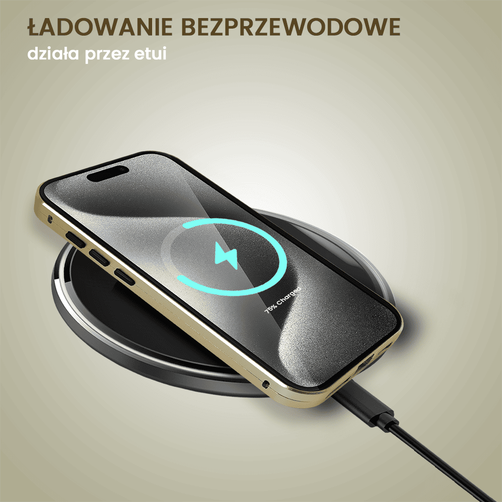 Obudowa do iPhone 15 Pro, podwójna szyba i aluminium 360° przód + tył magnetyczna, z osłoną aparatu i szkłem prywatyzującym, złota