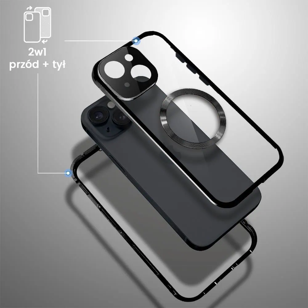 Obudowa do iPhone 15 podwójna szyba i aluminium 360° przód + tył magnetyczna, z Magsafe i osłoną aparatu, czarna